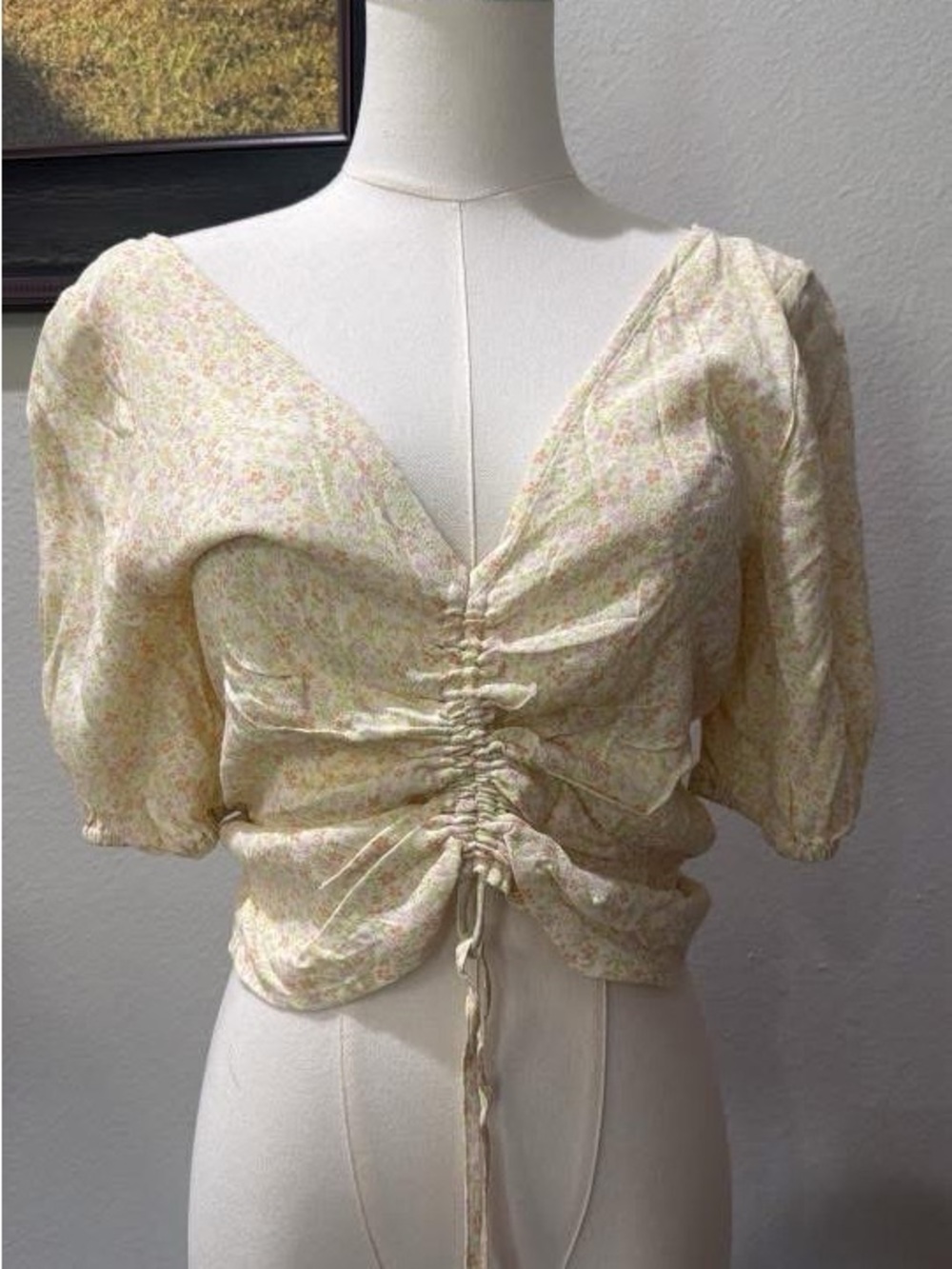 Sophie Rue NWT M Floral Ruched Drawstring Puff Sleeve Top - Yellow